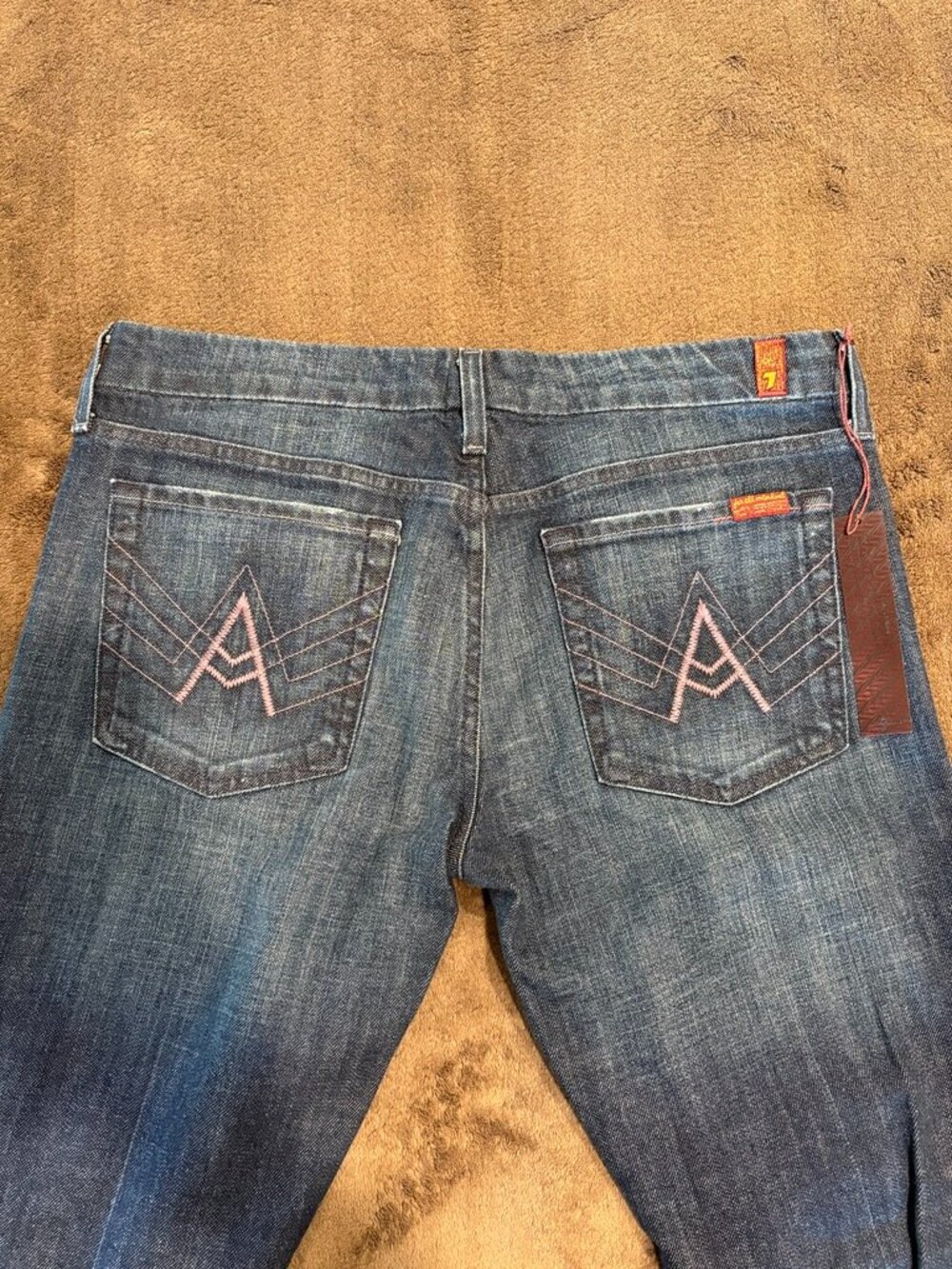 NWT 7 For All Mankind A Pocket Flare Jeans Size 31 Pink Stitch Long Inseam 34.5